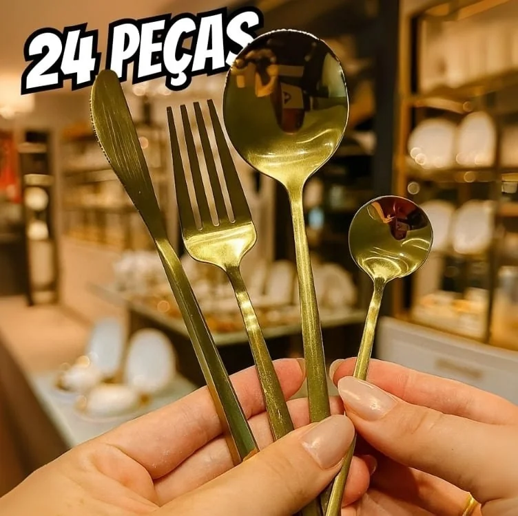 Kit 24 Peças Jogo De Talheres Dourados Aço Inoxidável 416