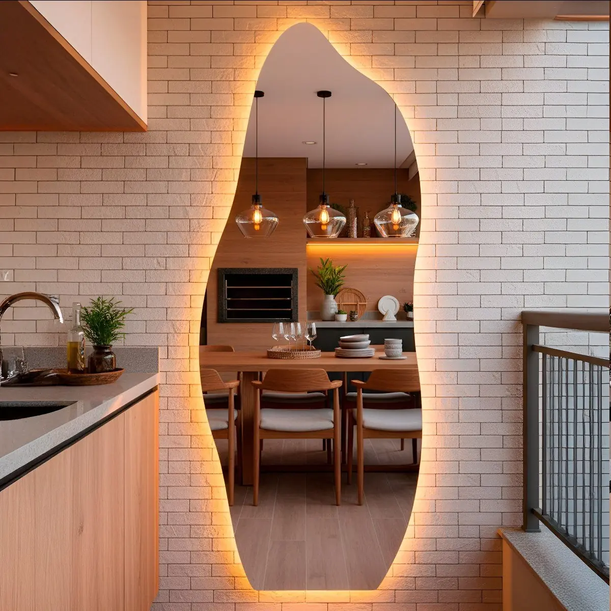 Espelho Orgânico Com Led 150x50 Cm Para Sala Quarto Banheiro Moldura Flame Led Quente