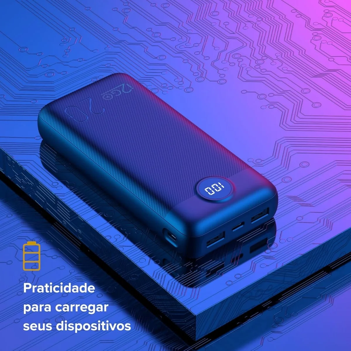 I2GO, Carregador Portátil (Power Bank) Ultra Rápido 20000mAh, Power Delivery 20W, 2 Saídas USB + 1 Saída/Entrada USB-C, Preto, i2GO PRO