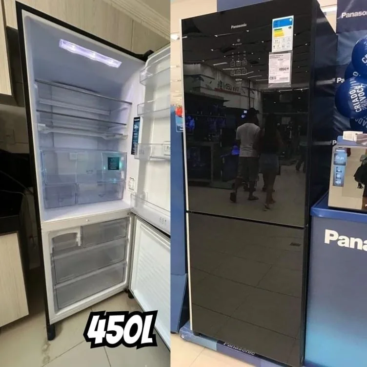 Panasonic Geladeira Frost Free 2 Portas Inverter 467L, 185.3x69.4x74.5cm, Bottom Freezer, Classe A, Black Glass, Fresh Freezer, Touch Panel