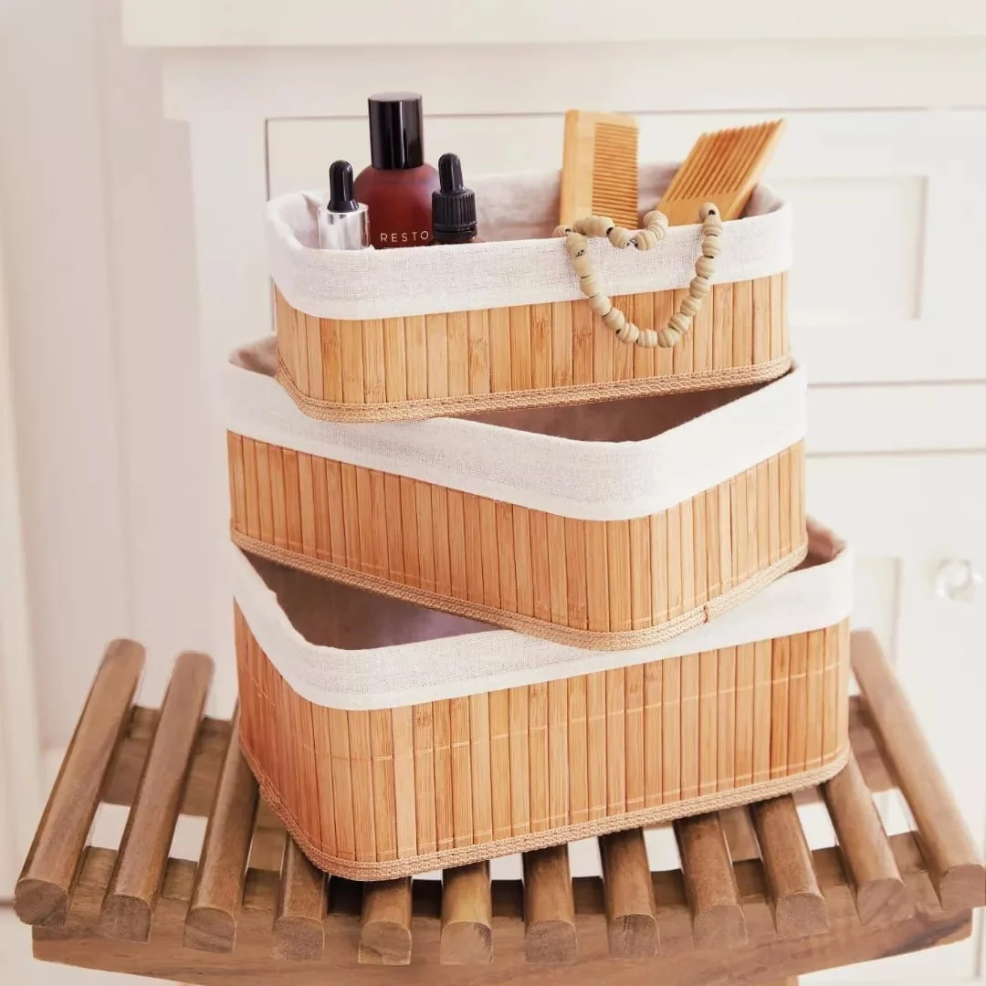 Kit 3 Cestos Organizador De Bambu Com Forro Multiuso Grande Natural