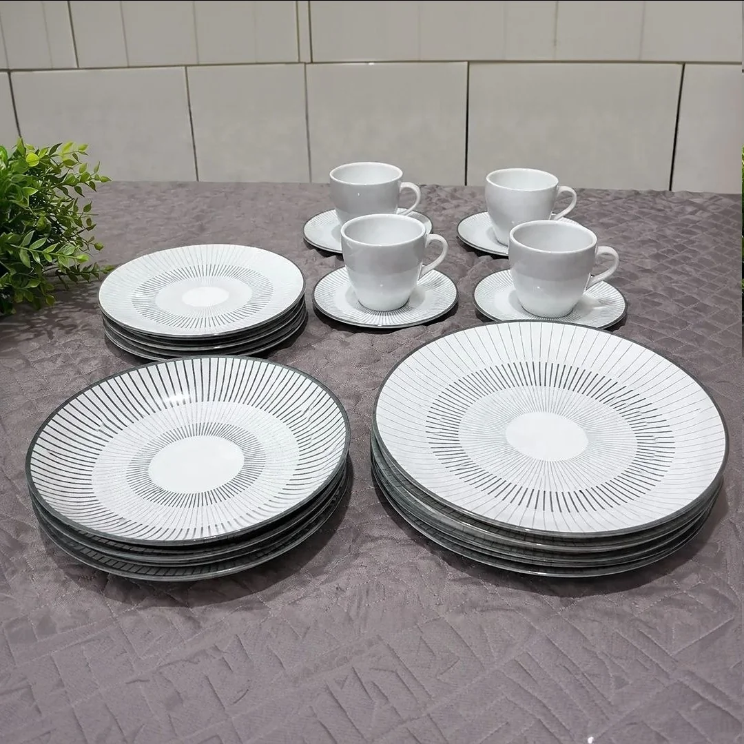 Aparelho De Jantar Tramontina Griz Porcelana Decorada 20 Peças Branco Com Cinza Liso
