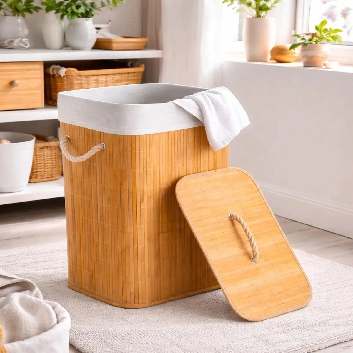 Cesto De Roupa Suja Em Bambu 72l Retangular Dobravel Tampa E Alça Reforçada Pítia