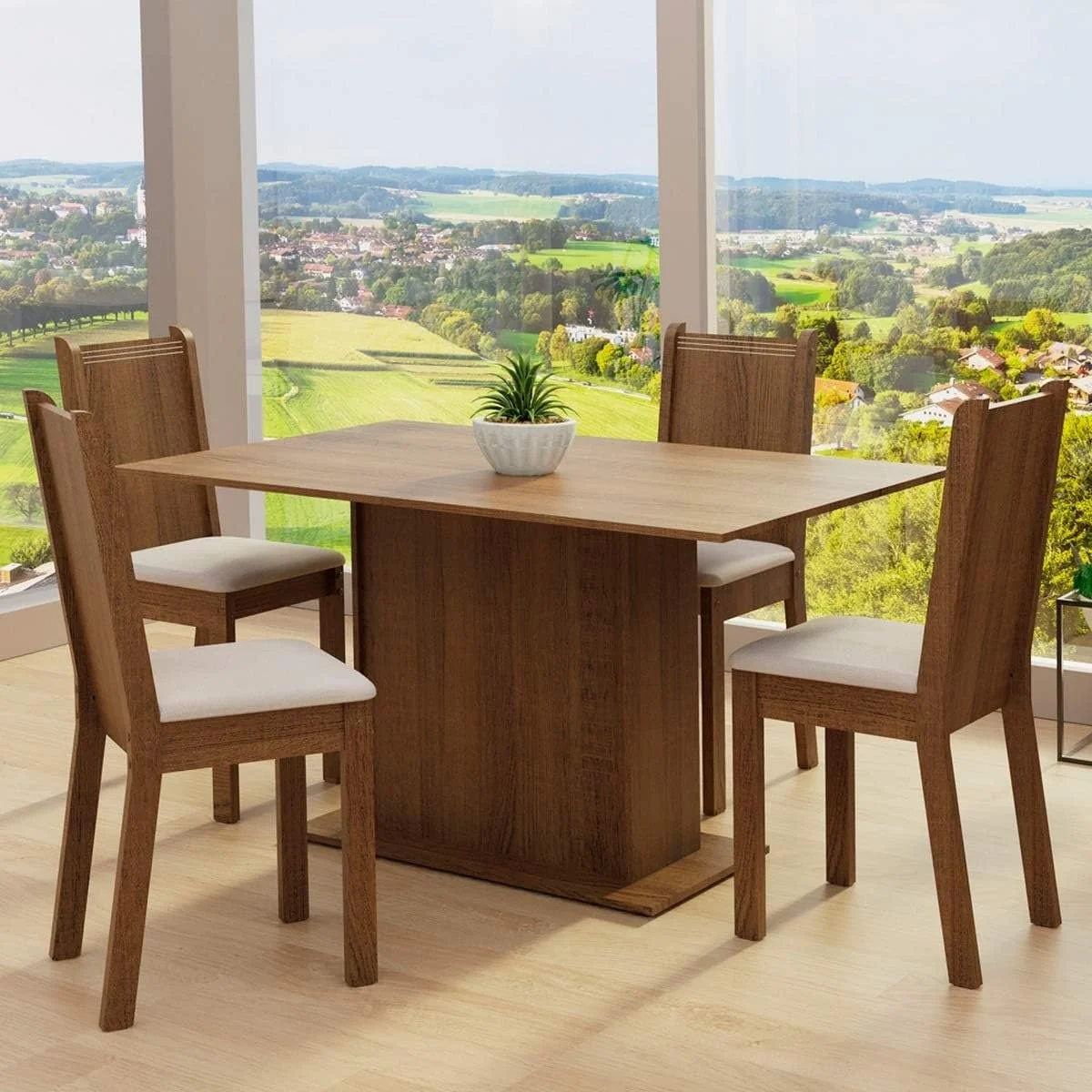 Madesa Conjunto Sala de Jantar Luana Mesa Tampo de Madeira com 4 Cadeiras Rustic/Pérola