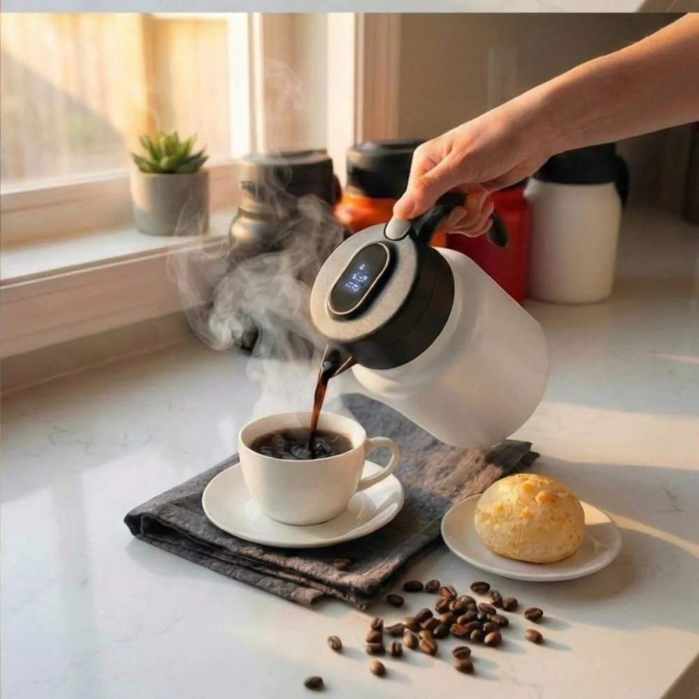Garrafa Térmica Inox Premium com Termômetro LED, 1 Litro, para Café e Chá, Vedação Hermética, Filtro em Aço Inox 304, Isolamento a Vácuo (Branco)