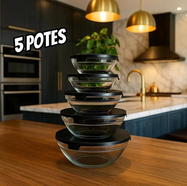 Conjunto de 5 Bowls de Vidro com Tampa Preta, Recipientes Herméticos para Alimentos, 140ml a 930ml, Transparente