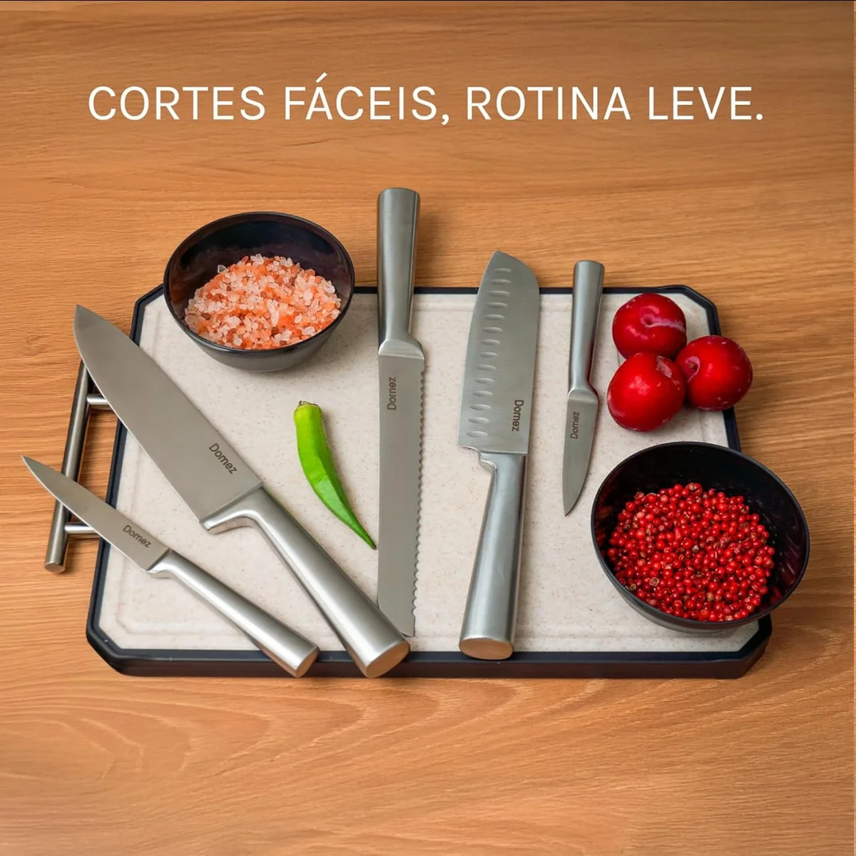 DOMEZ Jogo de 5 Facas Inox 4Cr13 | Conjunto de Facas de Cozinha Profissional | Faca Chef, Faca de Pão e Faca Churrasco | Design Ergonômico e Resistente à Ferrugem